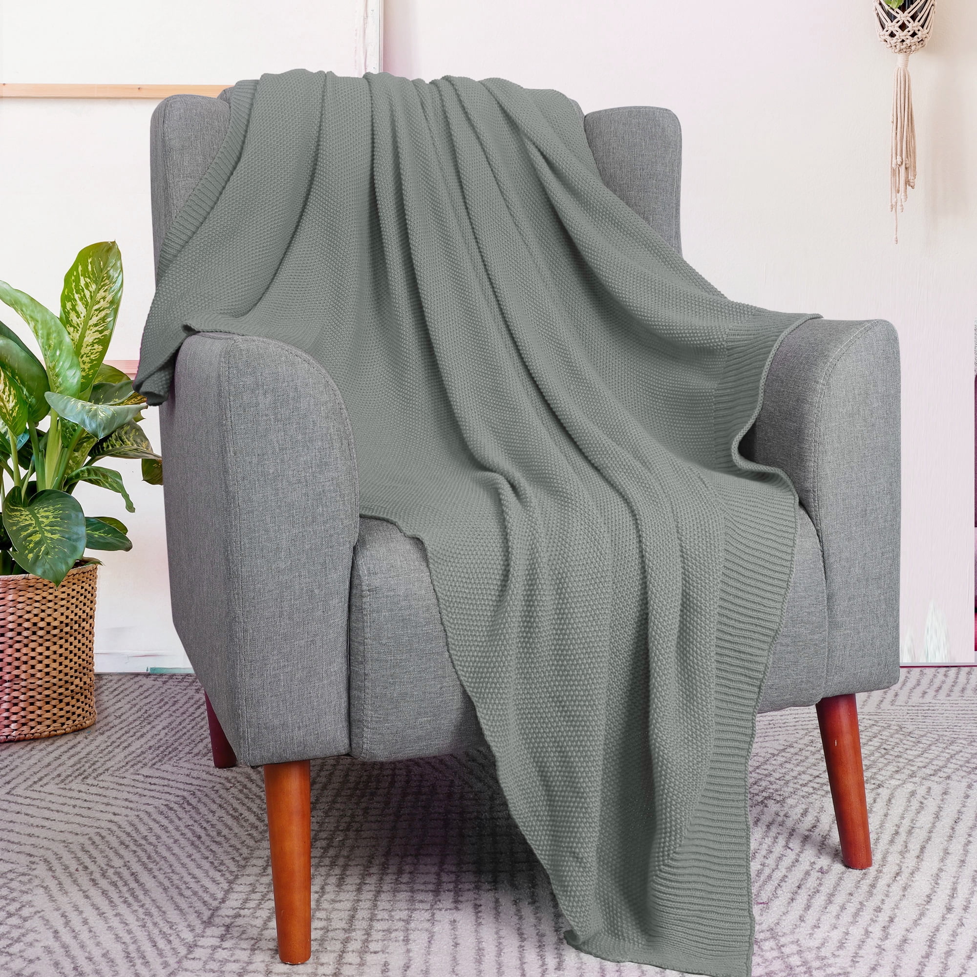 Unique Bargains Pure Cotton Soft Cable Knit Throw Blanket Gray 51" x 59"
