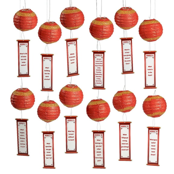 4 1/2" x 13 1/2" Lunar New Year Riddle Hanging Paper Lanterns - 12 Pieces