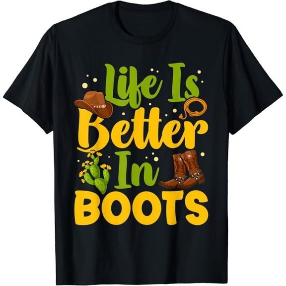 Cactus Boots Cowboy Cowgirl Country Life Western Men Women T-Shirt Black 2X-Large