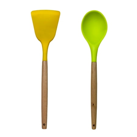 

Wooden Handle Cooking Tools 2PCS Silicone Kitchen Utensils Set Heat-Resistant & Non-stick Silicone Spatula for Cooking