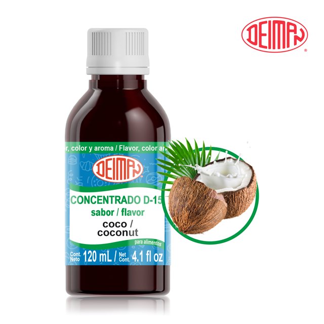 concentrado d-15 sabor coco marca deiman frasco 120 ml, vista frontal de botella plástica marrón con etiqueta azul y verde que muestra 'CONCENTRADO D-15 sabor COCO / COCONUT', tapa blanca roscada y logo DEIMAN; imagen con coco partido y hojas, indicado para bebidas y repostería; guardar en lugar seco no mayor a 32 grados.