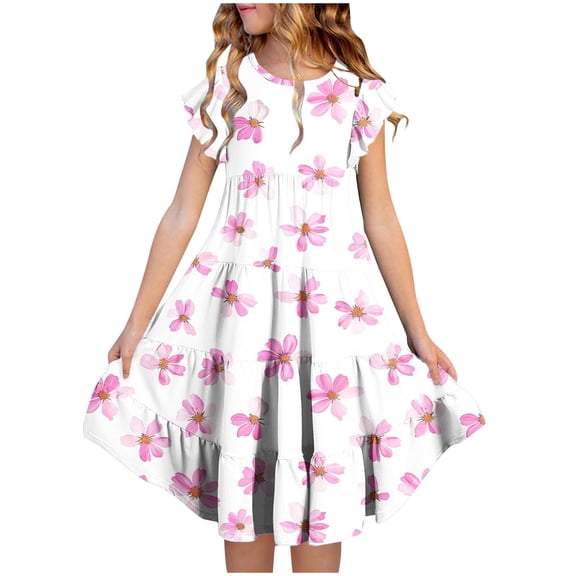 Girls' Floral Tiered Ruffle Dress with Pockets, Pink White Floral Print Cap Sleeve Dress for Kids, Spring Summer Party Dress, Sizes 4-13 Years,Size 12-13 T