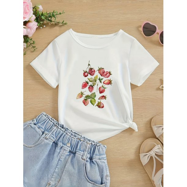 Adorable Girls' Strawberry & Floral Print T-Shirt - Soft Polyester, Crew Neck, Short Sleeve - Perfect for Spring/Summer Casual Wear - Charming Gift for Young Style Enthusiasts
