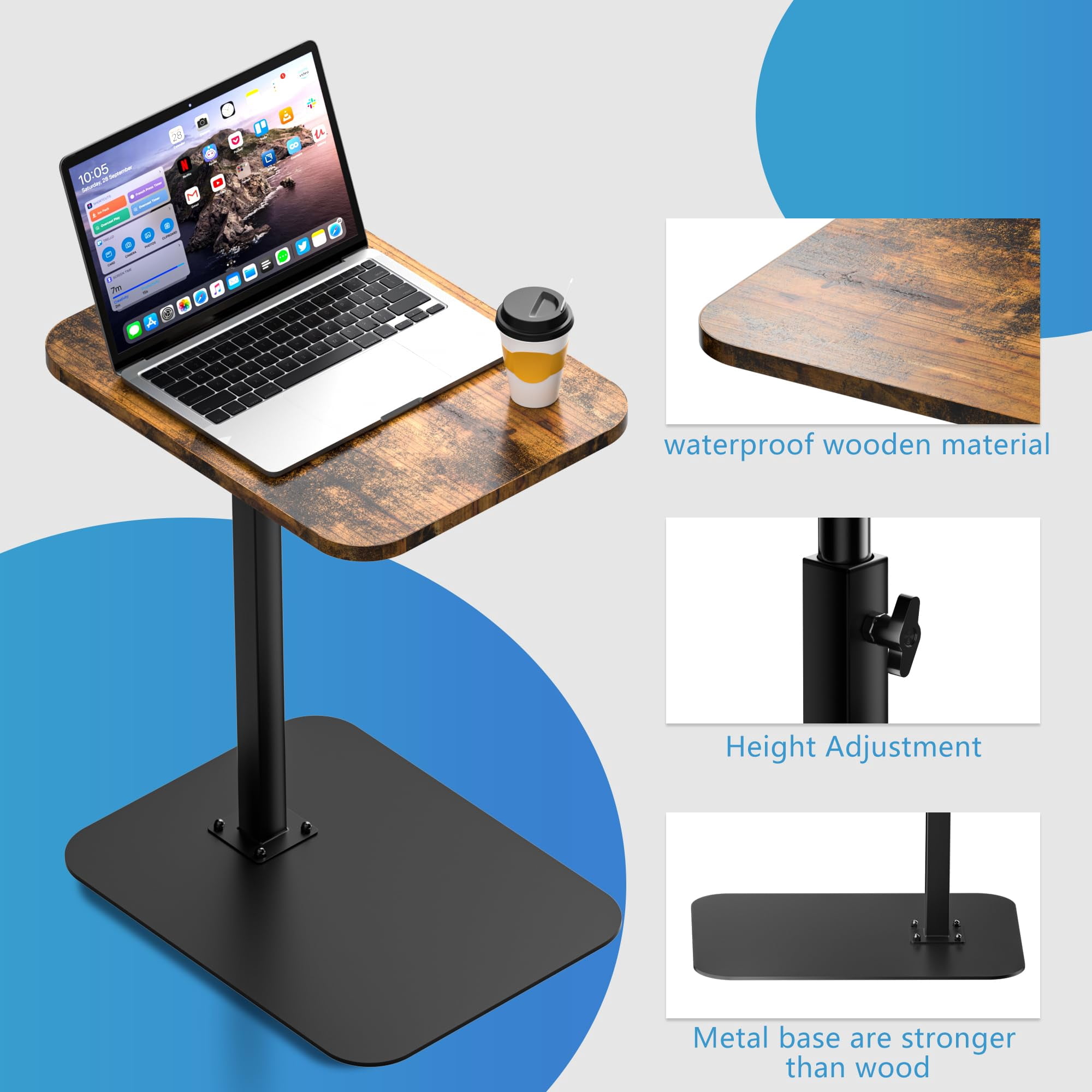 Adjustable Height C Shaped End Table, 360° Swivel Vintage Rustic Wood End Table, Includes Tablet Phone Slot Laptop Snack Side Table for Living Room Bedroom Small Space