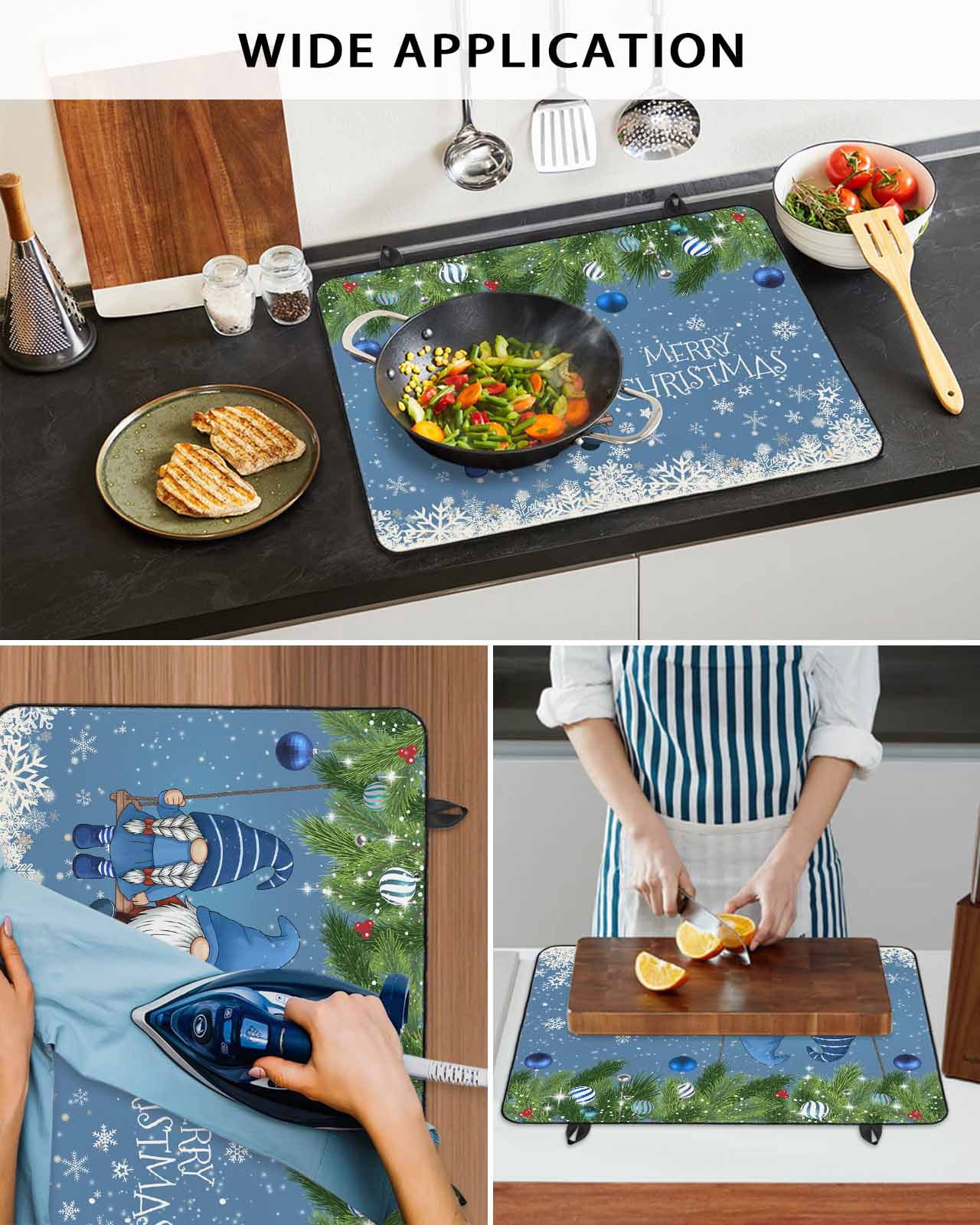 Large Induction Cooktop Protector Mat Blue Teal Gnomes Christmas Stove Top Covers for Electric Stove, Xmas Weeping Balls Snowflake Decorative Stove Burner Cover Mats, Glass Top Stove Cover