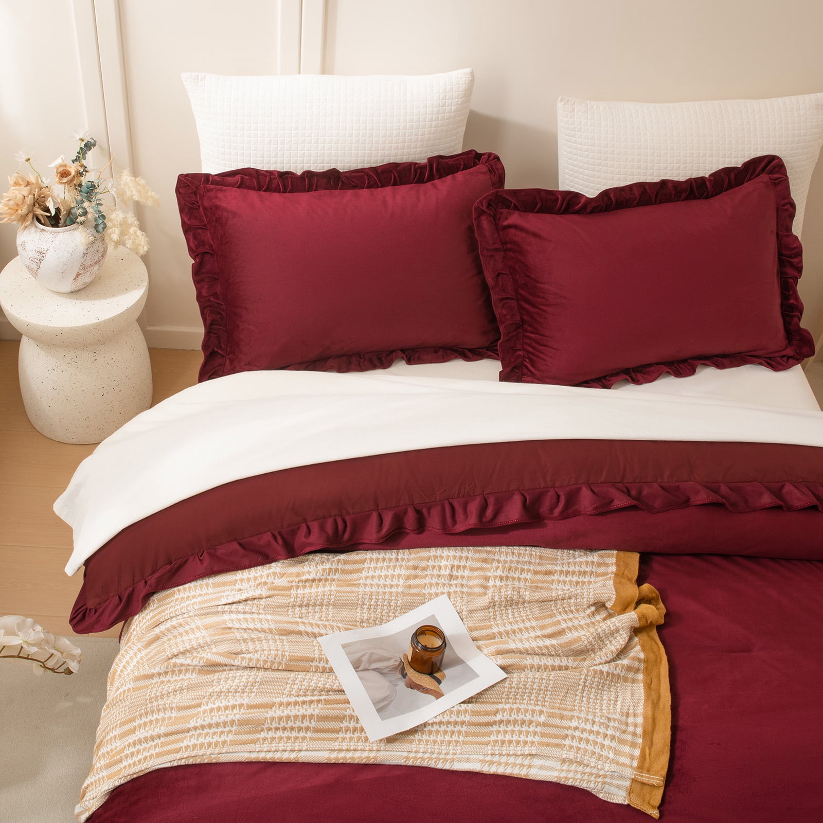 Burgundy Velvet Comforter Set Queen, Ruffled Fluffy Plush Bedding with Pillowcases, All-Season Cozy Luxury Bed Set for Women & Girls