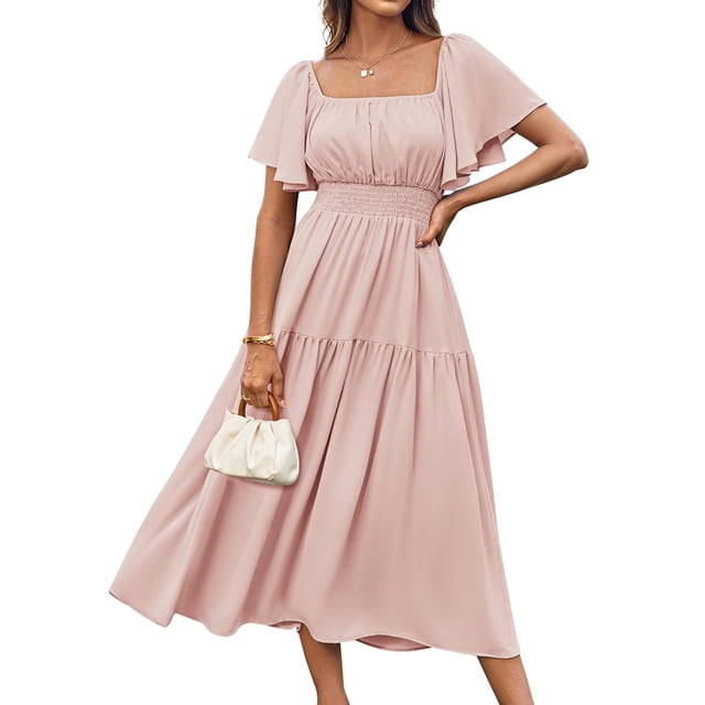 Vestido largo GRACE KARIN para mujer, verano, manga con volantes, rosa