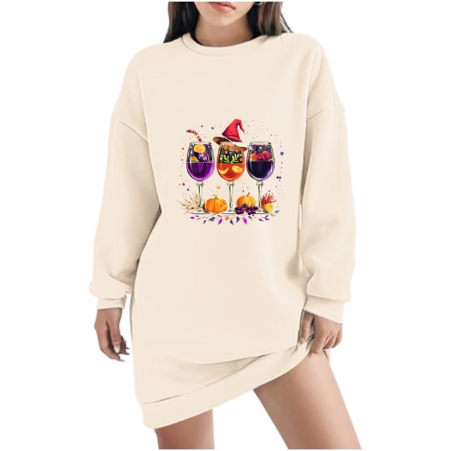 Pisexur Robes de Noël pour Femmes, Robe Chandail en Molleton à Col Rond Imprimé Verres de Vin Tendance, Robe de Fête Décontractée à Manches Longues, Robe de Vacances de Noël Mini Robe