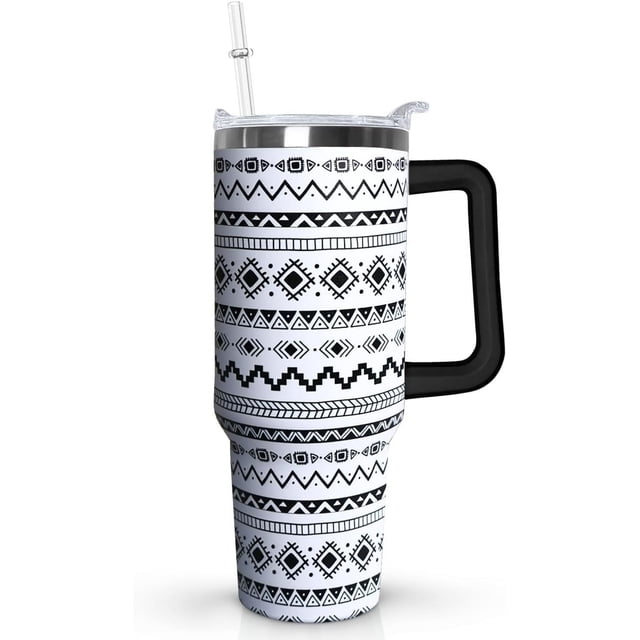 40 oz Tumbler With Handle,Black White Boho Vacuum Insulated Tumbler With Straw,Cute Boho Cups Water Bottle CoffeeTravel Tumbler,Boho Decor/Accessories for Women