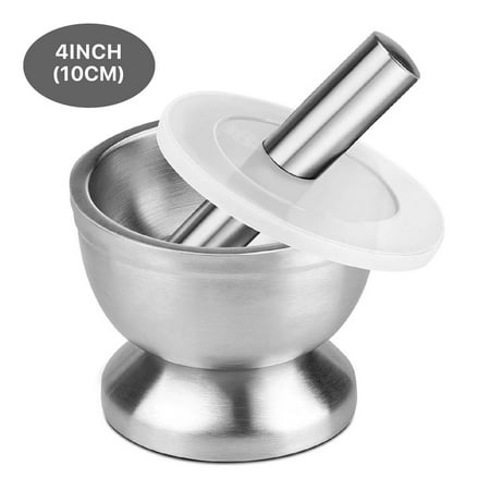 Brushed Stainless Steel Mortar and Pestle Set - Solid Brushed Stainless Steel Grinder Pill Crusher Bowl Holder for Guacamole Herbs Spices Garlic Kitchen Cooking Medicine, 4