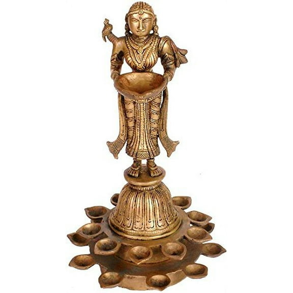 Exotic India Twenty-One Lamps of Prosperity - Antiquated Brass Statue