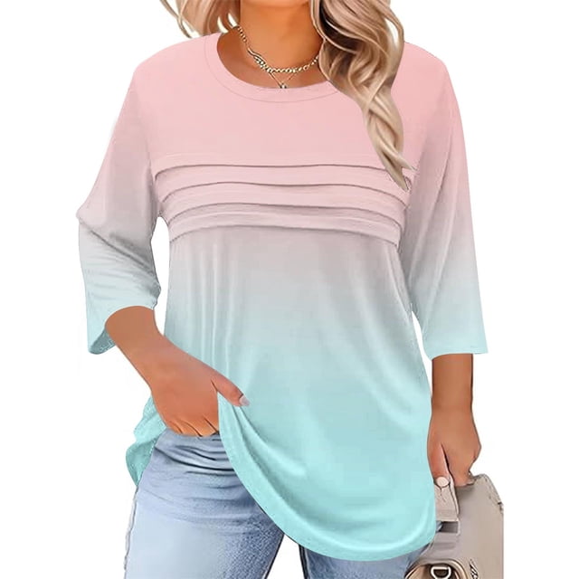 Neewe Womens Plus Size Tops 3/4 Sleeve Shirts Crewneck Pleated Blouses Dressy Casual Fashion Tunic Top (1X-5X)