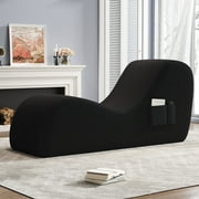 Yoga Curve Chair, Corduroy Yoga Chaise Lounge Chair for Adults, With Lumbar Pillow, Side Pocket, Ottoman, Modern Yoga Couch for Stretching and Relaxation, Black