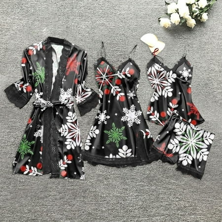 

Honeeladyy Lingerie Women Christmas Silk Lace Robe Dress Babydoll Sleepwear Nightdress Pajamas Set sexy lingerie for women
