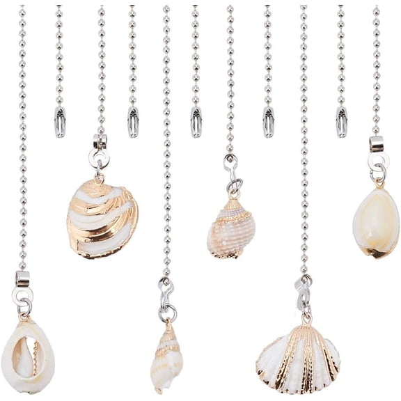 6 Style Seashell Ceiling Fan Pull Chain Extender Charm Pendant Ocean Boho Adjustable Decorative 12.6in Extension Connector Ball Bead Cord Replacement Hanging Ornaments for Lighting Lamp Decor White
