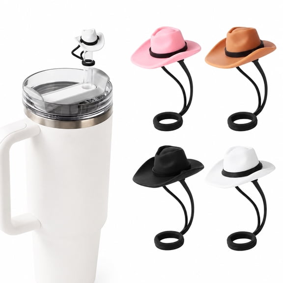 4 Pack Silicone Cowboy Hat Straw Covers Cap Compatible with Stanley Cup 30 40 oz, Cute Funny Tumbler Straw Topper Accessories for Man & Woman Gift for Christmas