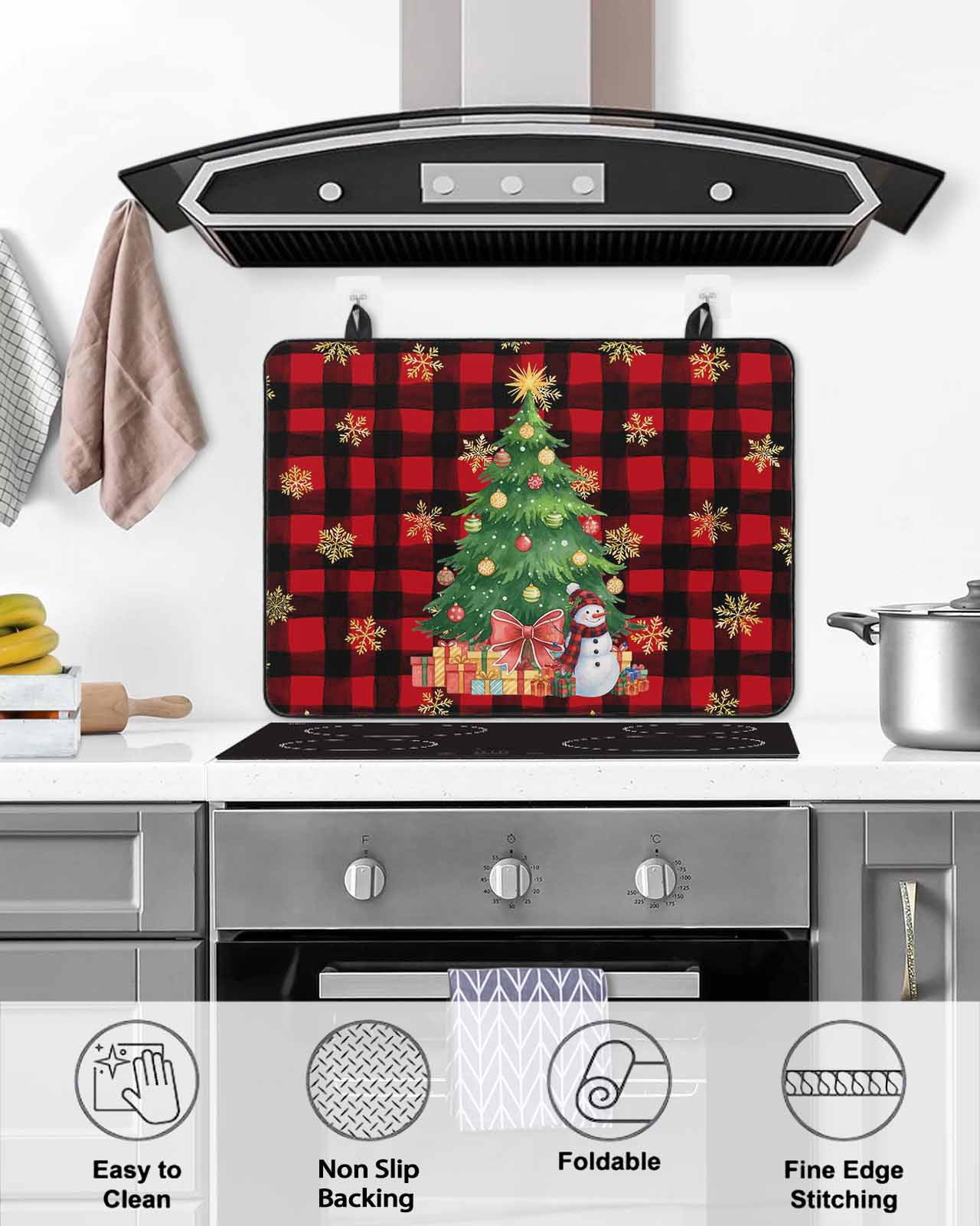 Large Induction Cooktop Protector Mat Christmas Stove Top Covers for Electric Stove, Snowman Gold Snowflakes Pine Tree Plaid Decorative Stove Burner Cover Mats, Glass Top Stove Cover
