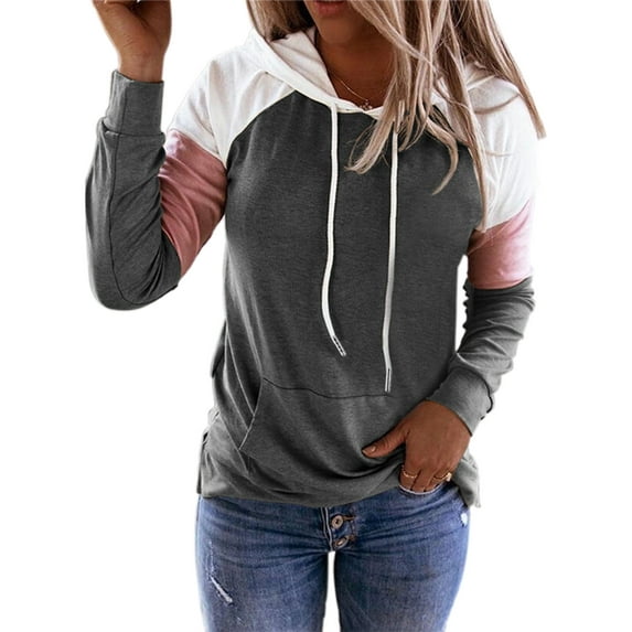 Niuer S-5XL Autumn Hooded Pullover Top for Women Patchwork Splicing Hoody Sweatshirt Casual Tracksuit with Big Pocket
