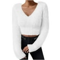 thumbnail image 2 of EchfiProm Cropped Sweaters for Women White Pullover V Neck Office Long Sleeve Holiday Adults Outfits Slim Fit, 2 of 9