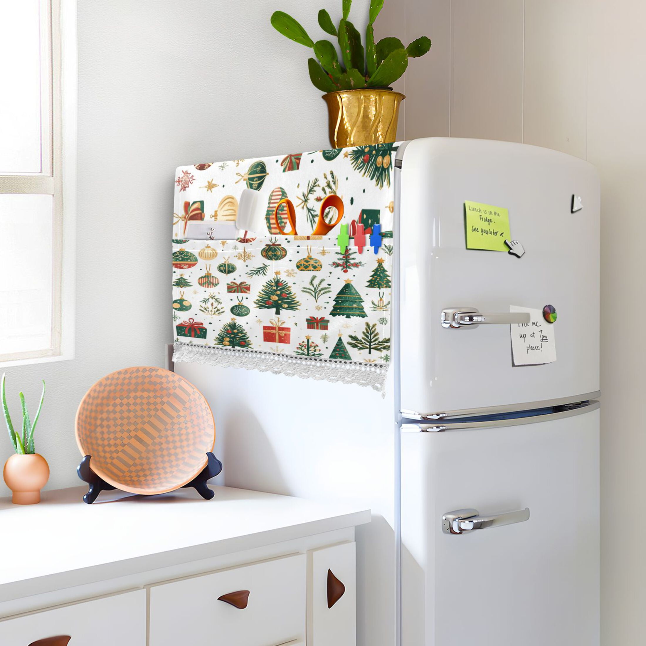 Christmas Elements ClipartWasher and Dryer Covers Dust-Proof and Oil Resistant Fridge Cover with 4 Storage Pockets Washing Machine Top Cover for Laundry Kitchen Home 51.2 x 22 In