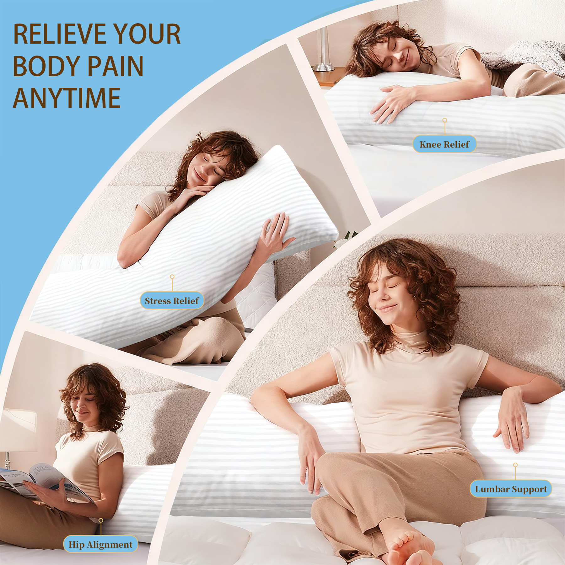 COOKEY Long Pillow 20"x54" Full Body Pillows for Adults, Soft Satin Stripe Cover, Supports Spine Alignment for Side Sleepers, Body Pillow for Pregnancy & Sciatica Relief