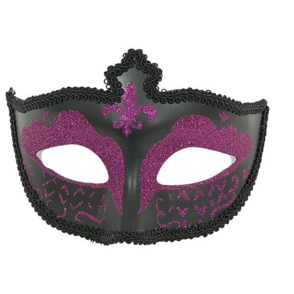 Mardi Gras Spot Black and Pink Hard Plastic Glittered Mask with Fleur de Lis with Ribbon Tie (Each)