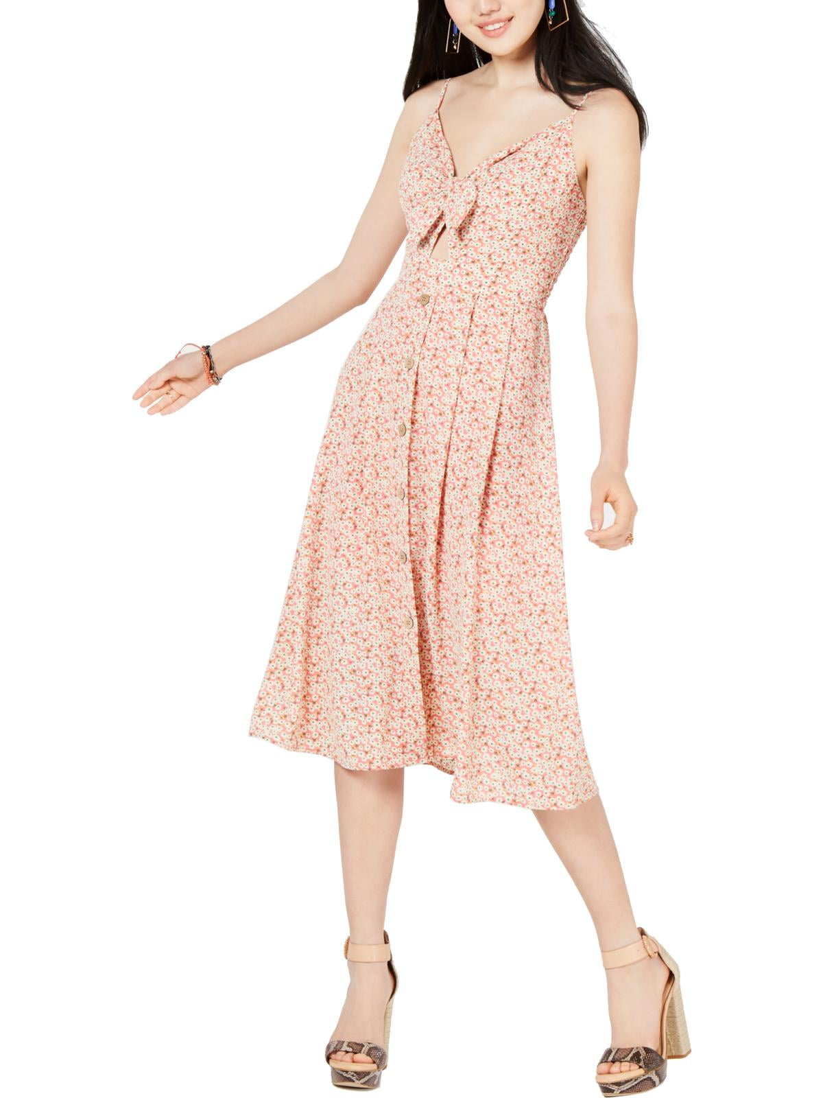 City Studio Womens Juniors Floral Tie Front Midi Dress Pink XL