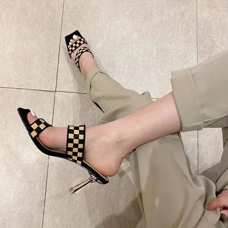 

Women‘s Square Toe Checkerboard High Heel Mules Fashionable Open Toe Stiletto Pumps Slip On Sandals
