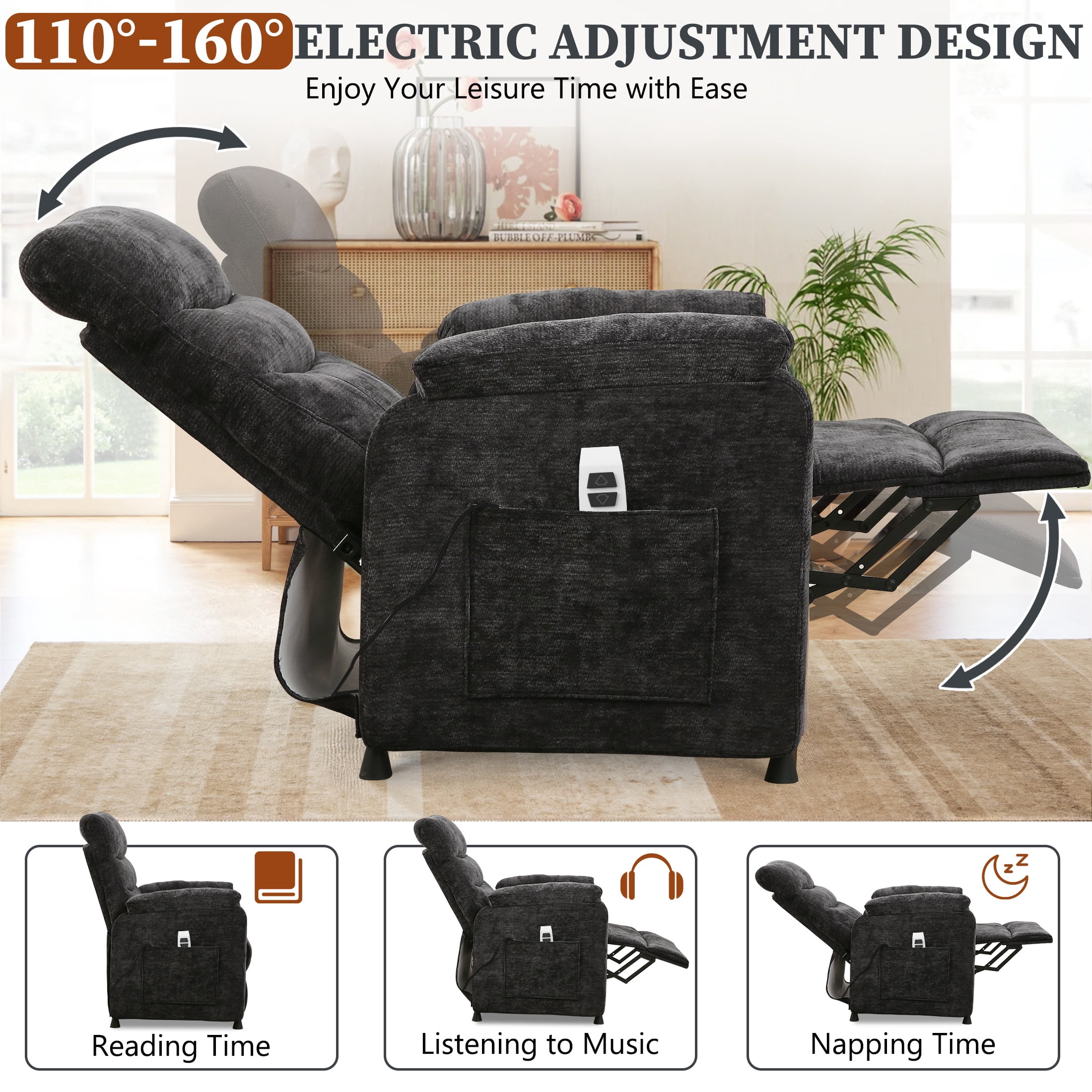 Power Recliner Chair, Holaki Electric Power Recliner with Side Pocket and Remote, Modern Chenille Fabric Recliner Chairs for Adults, Small Recliner for Small Space Nursery Living Room, Black