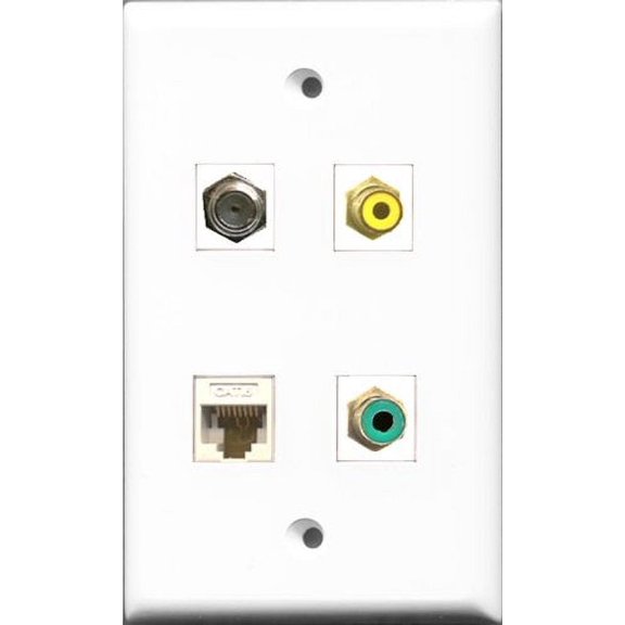 RiteAV 1 Port RCA Yellow and 1 Port RCA Green and 1 Port Coax Cable TV- F-Type and 1 Port Cat6 Ethernet White Wall Plate