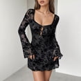 thumbnail image 2 of MDUKONU Women's Sexy Square Collar Long Sleeve High Waist Floral Lace Cutout Bow Backless Bodycon Dress Black L, 2 of 7