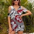 thumbnail image 3 of Flower Red Grey Texture Womens Summer V Neck Zipper Top Short Sleeve T Shirt Off Shoulder Top Casual Classy Loose Shirts, 3 of 7