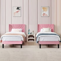 VECELO Set of 2 Twin Bed Frames, Modern Upholstered Platform Bed Frame with Tufted Headboard, No Box Spring Needed, Pink