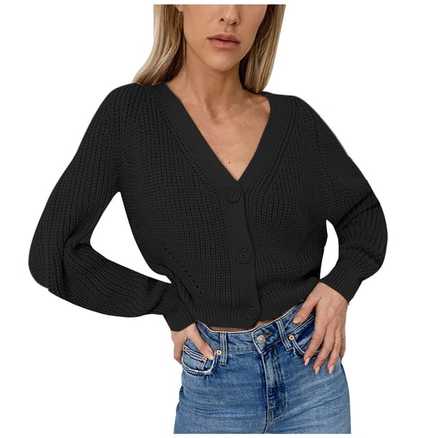 Cárdigan de punto con botones y manga farol con cuello en V y color sólido suelto para mujer Fridja hkj1103