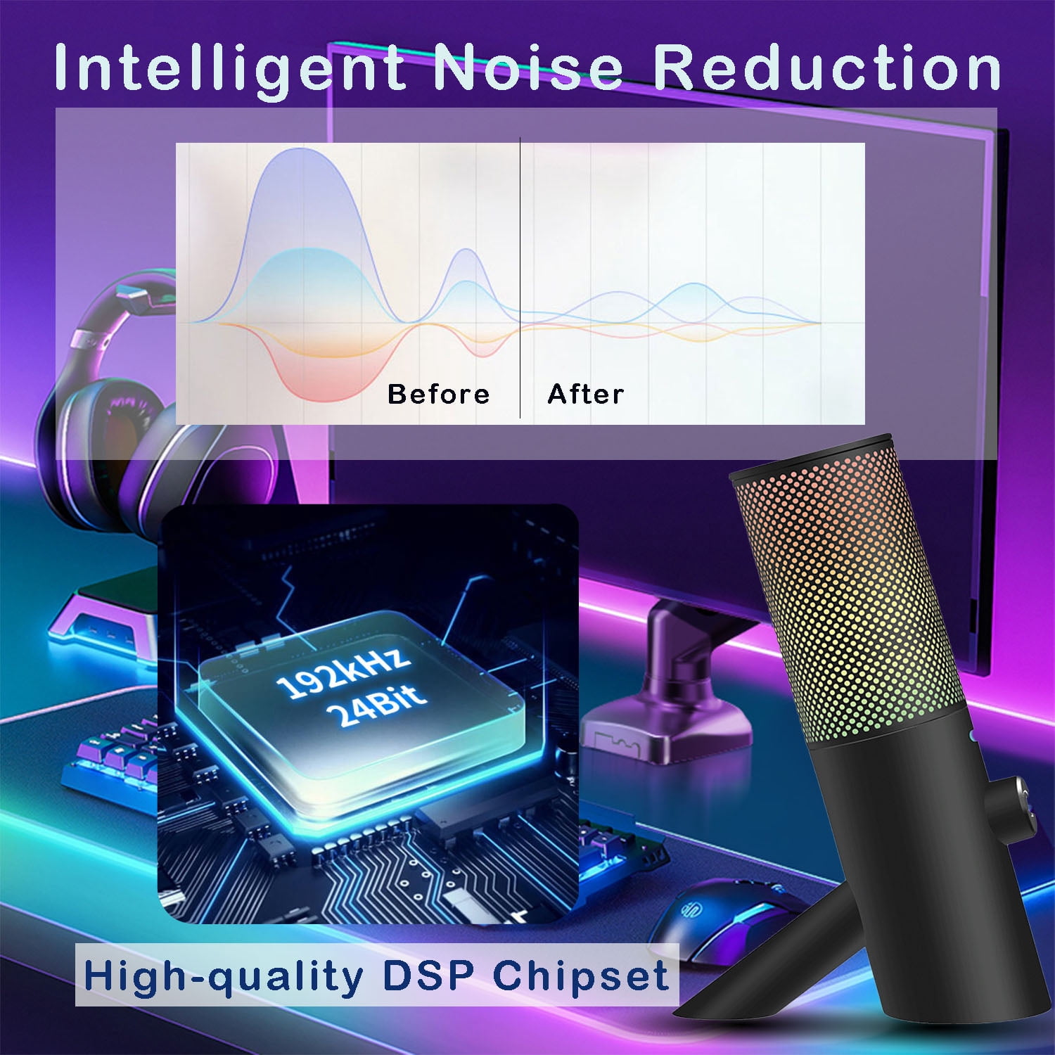 RONY USB Gaming Microphone with RGB Light One Key Mute Noise Cancel for Computer, Black