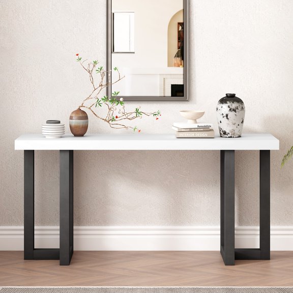 Geometric Design Console Table with Solid Pine Legs, Suitable for Entryway, Hallway, Living Room, Bedroom (Gray,White)