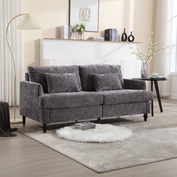 Solid Wood Frame Loveseat Sofa - Chenille Fabric, Brown Feet, 2-Seat