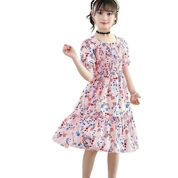 REDARER Girls Floral Print Smocked Puff Sleeve Tiered Dress Casual Summer Party Everyday Outfit,9-10 Years