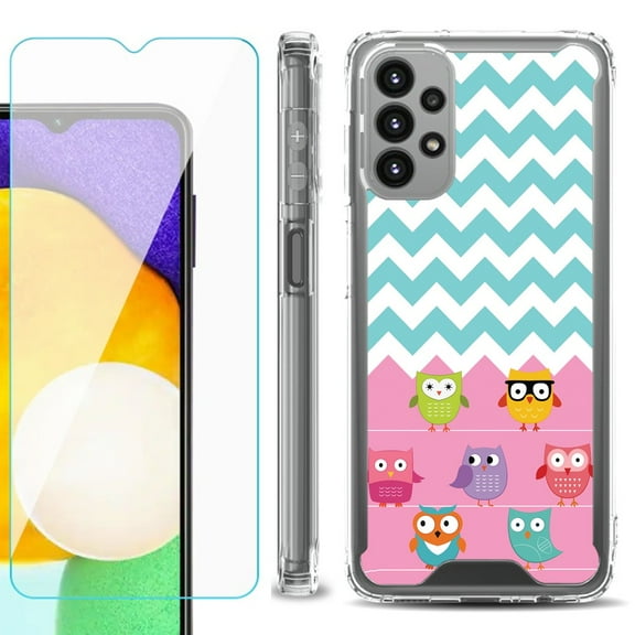 Shockproof Bumper Phone Case for Samsung Galaxy A23 5G, with Tempered Glass Screen Protector, by OneToughShield ® - Chevron/Teal/Owl