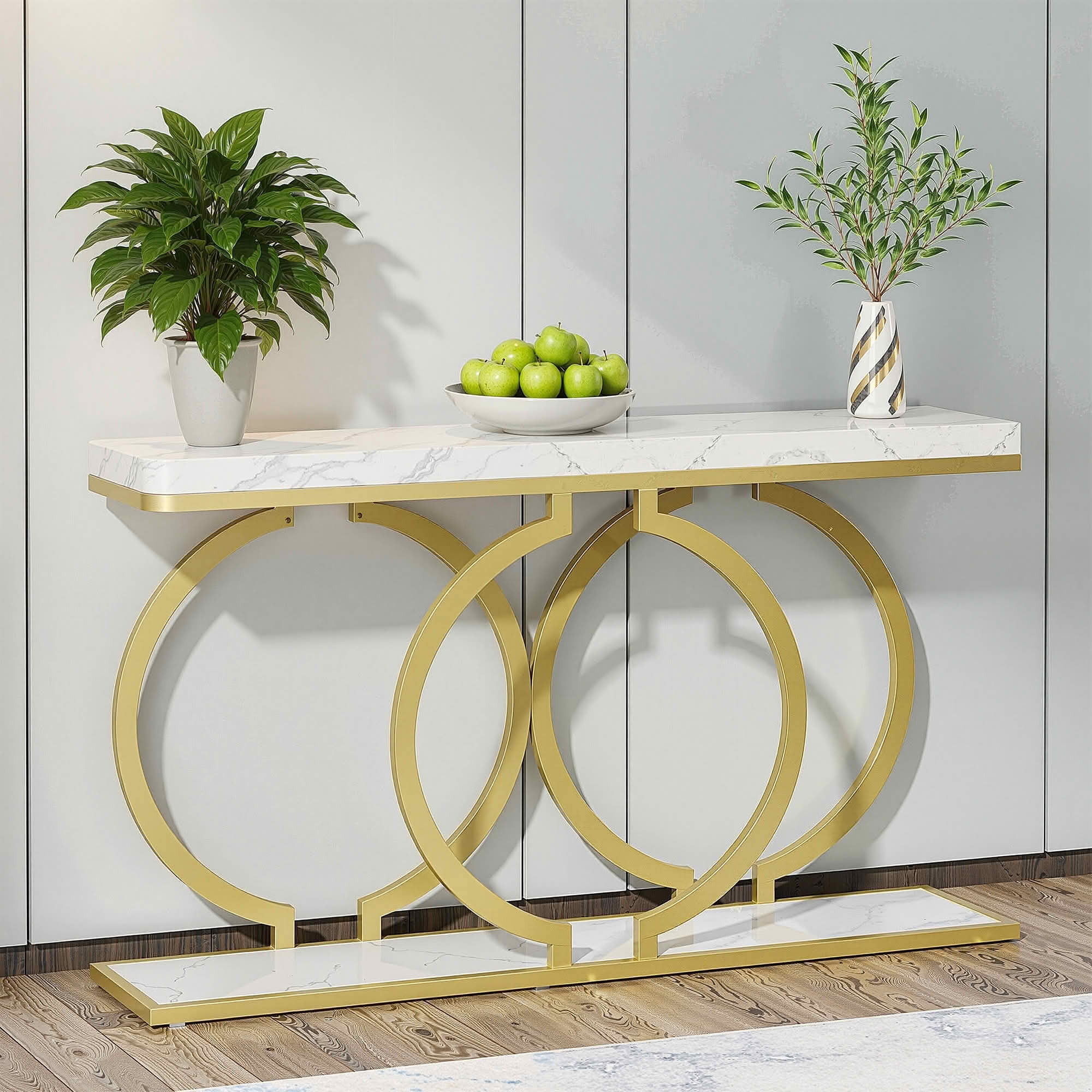 MAYEERTY 55 Inch Light Luxury Faux Marble Console Table, Gold O Geometric Metal Frame Narrow Entry Sofa Display Accent Table