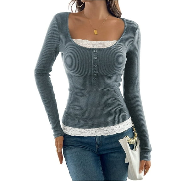 CIENVNSTG Women Lace Patchwork Ribbed Knit Tee Scoop Neck Casual Slim Fit Long Sleeve Crewneck Button Up Ruched Crop T-Shirts Blue L