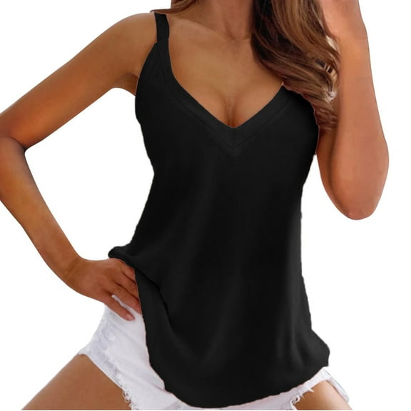Prolriy Tank Top for Women Casual Tank Top V Neck Sleeveless Top Solid Color Vest Pullover Shirt Fashion Tunic Tank Top Summer Tops for Women Trendy Womens Tops Black L