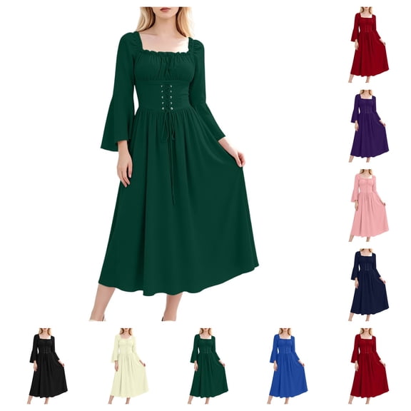 SAWOBUUN Renaissance Dress Women Medieval Gothic Dress Long Bell Sleeve Lace-Up Bodice Maxi Dress for Halloween