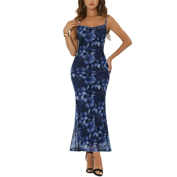 INSPIRE CHIC Women's Floral Maxi Dress Mesh Sleeveless Bodycon Cocktail Dress XS Black Blue