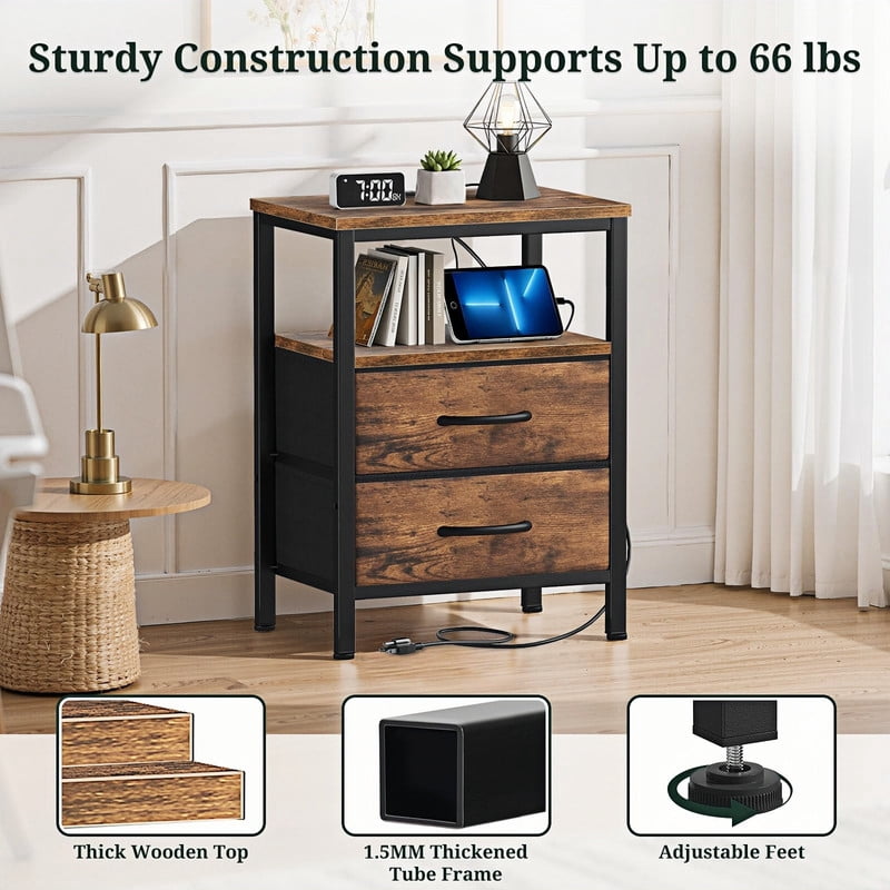 Kelno Nightstand with 2 Fabric Drawers Charging Station USB TypeC Outlets Small Bedside Table with Wood Top Open Storage Shelf, Rustic Brown