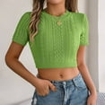 thumbnail image 2 of Stylish Olyvenn Womens Cable Knitted Crop Tee Shirts Casual Summer Short Sleeve Sweater Tops Comfy Crew Neck Cute Blouse Green M, 2 of 8