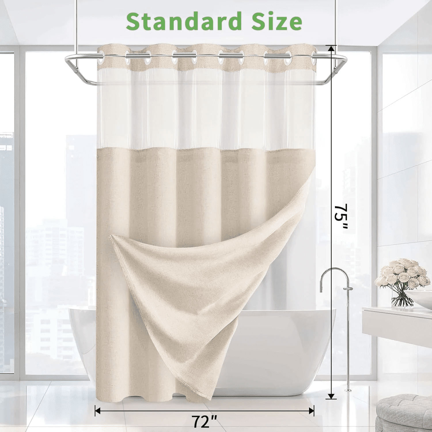 Psoiuetr Beige Linen Shower Curtain No Hook with Snap-in Fabric Liner Hotel Shower Curtain with See Through Top Window 72" W x 75" L