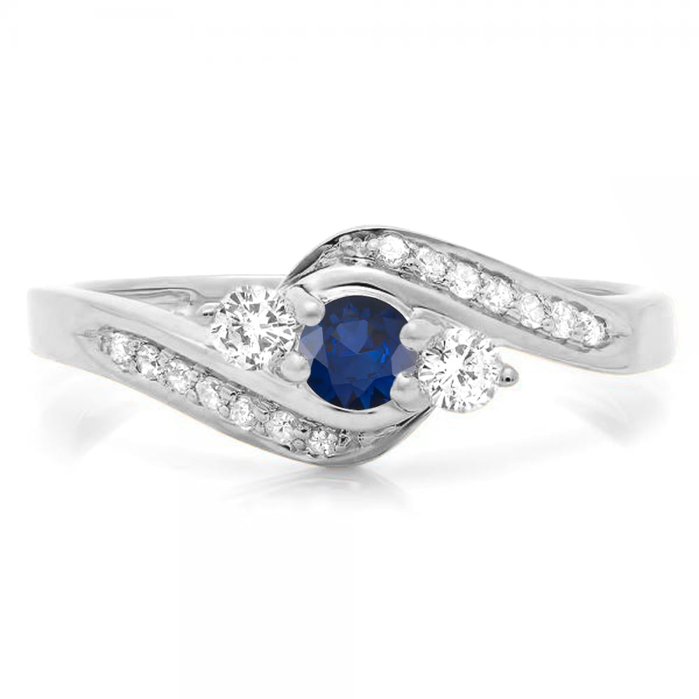 Dazzlingrock Collection 14K Round Blue Sapphire And White Diamond Ladies  Swirl Engagement 3 Stone Ring, White Gold, Size 7