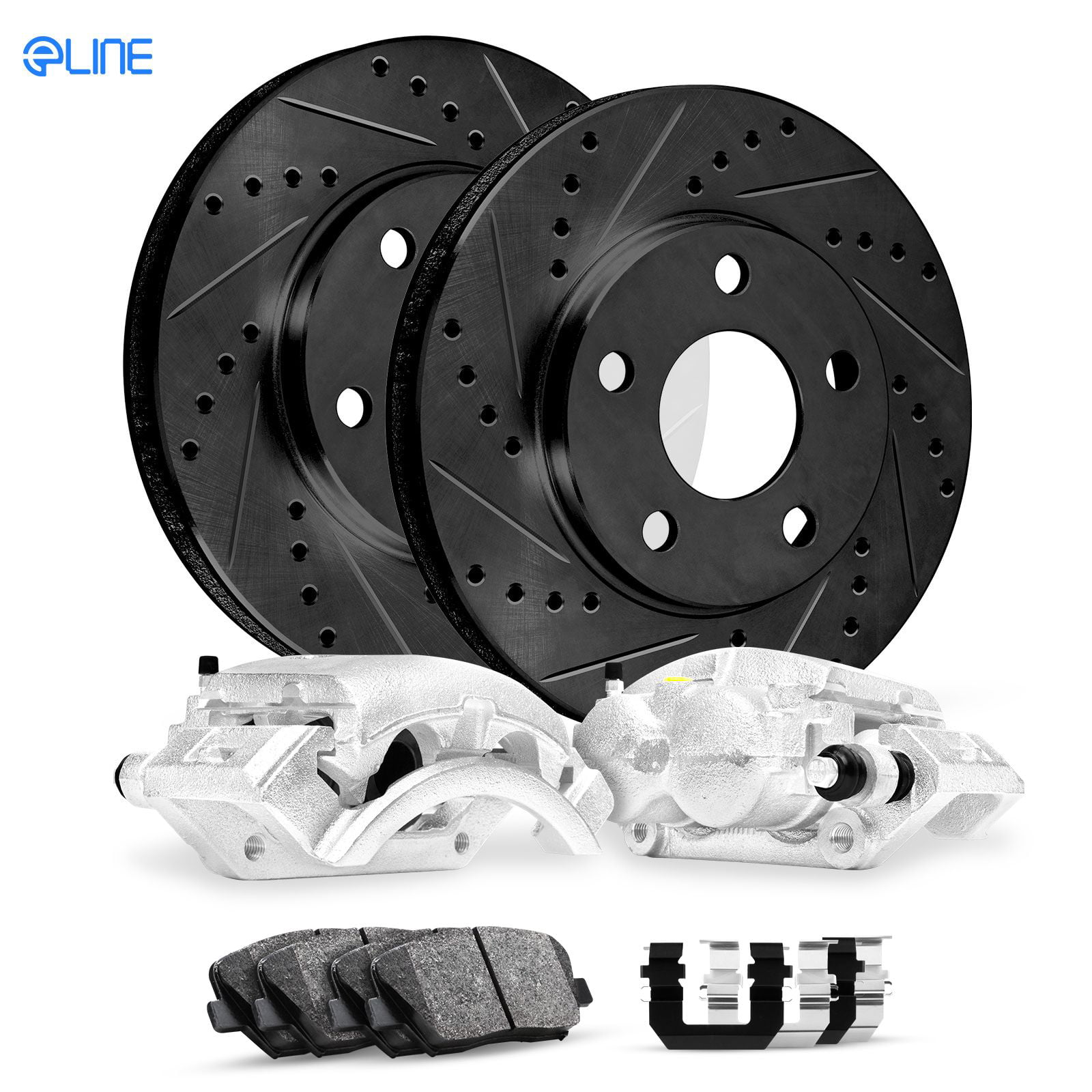 Front Set eLine Black Zinc Drill//Slot Brake Rotors Ceramic Brake Pads
