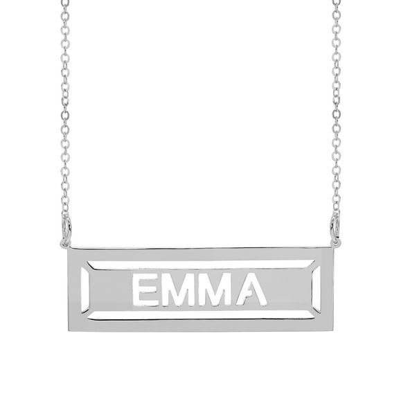 Personalized Sterling Silver or 14K Gold Plated Sterling Silver 33mm by 9mm Cut-Out Bar Necklace with 18 inch Link Chain. Spring Ring Clasp.